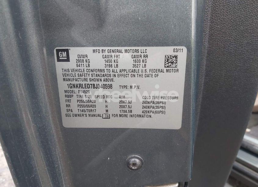 Photo 9 of 2011 Chevrolet Traverse LTZ (VIN 1GNKRLED7BJ340598)