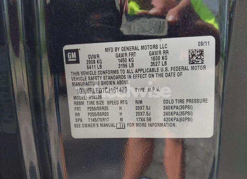 Photo 9 of 2012 Chevrolet Traverse LTZ (VIN 1GNKRLED7CJ161429)