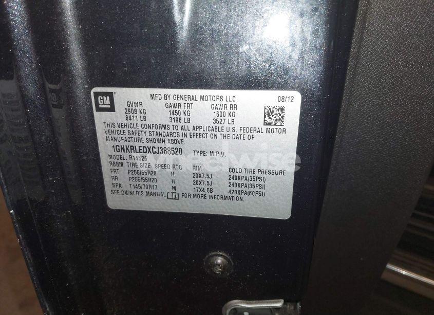 Photo 9 of 2012 Chevrolet Traverse LTZ (VIN 1GNKRLEDXCJ388520)