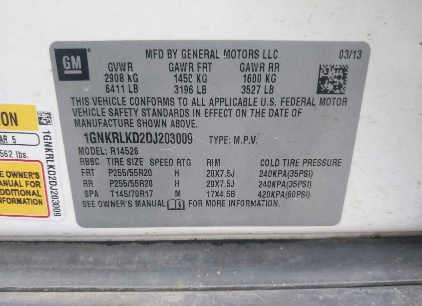 Photo 9 of 2013 Chevrolet Traverse LTZ (VIN 1GNKRLKD2DJ203009)