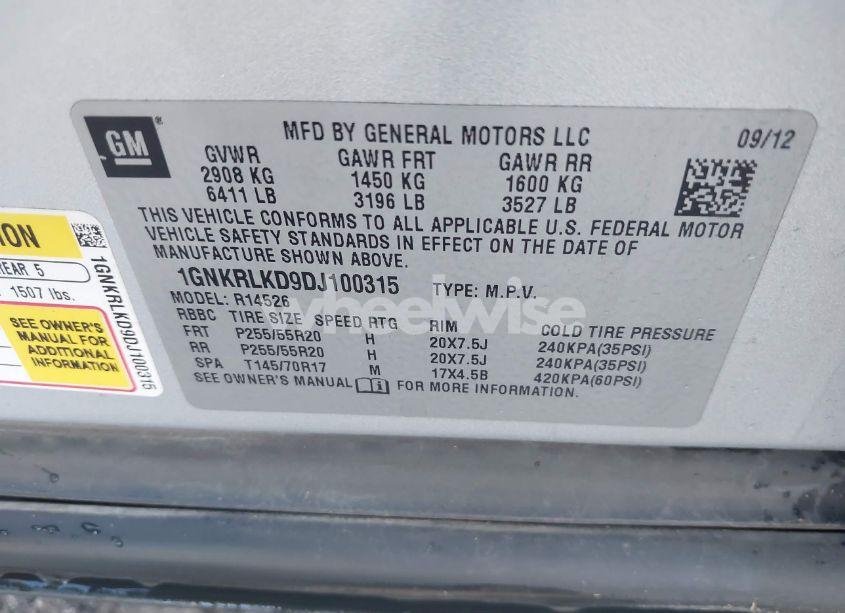 Photo 9 of 2013 Chevrolet Traverse LTZ (VIN 1GNKRLKD9DJ100315)