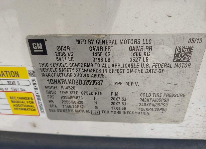 Photo 9 of 2013 Chevrolet Traverse LTZ (VIN 1GNKRLKD9DJ250537)