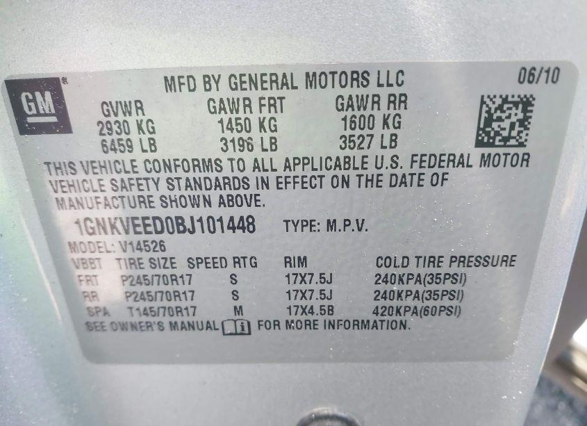 Photo 9 of 2011 Chevrolet Traverse LS (VIN 1GNKVEED0BJ101448)