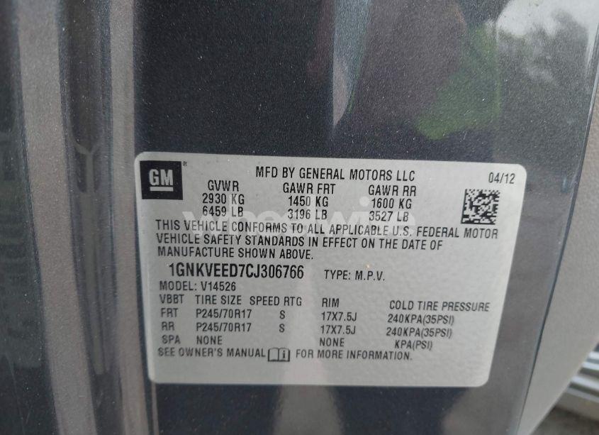 Photo 9 of 2012 Chevrolet Traverse LS (VIN 1GNKVEED7CJ306766)