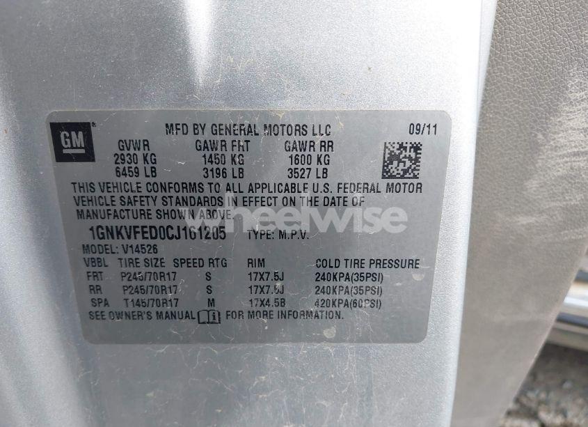 Photo 9 of 2012 Chevrolet Traverse LS (VIN 1GNKVFED0CJ161205)