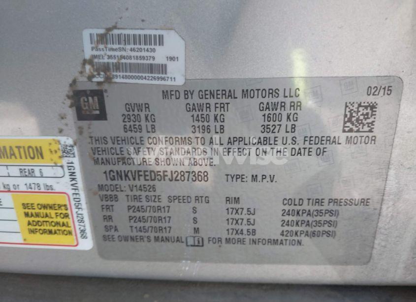 Photo 9 of 2015 Chevrolet Traverse LS (VIN 1GNKVFED5FJ287368)