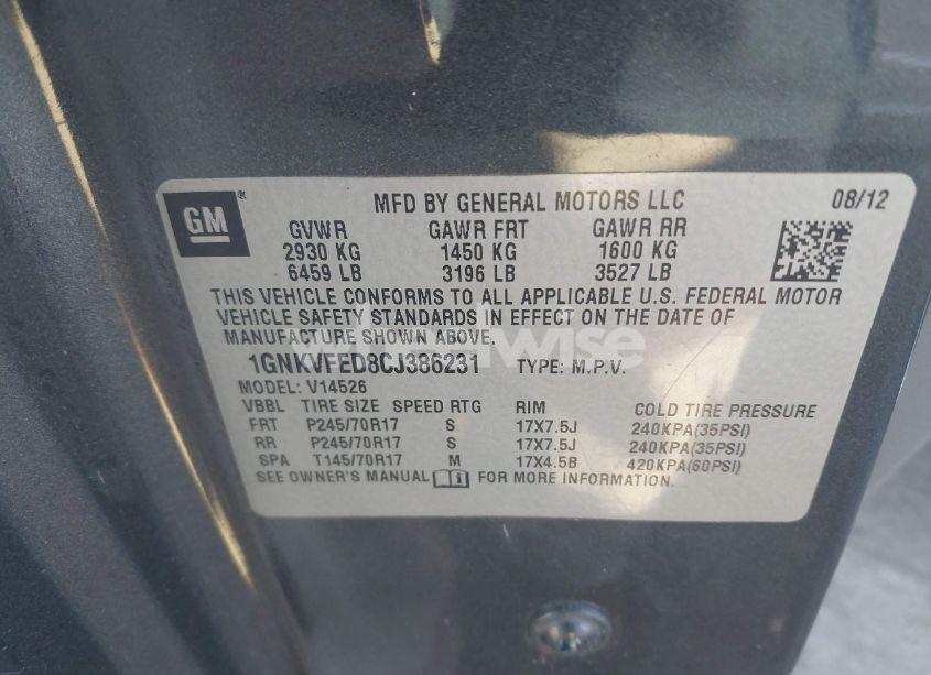 Photo 9 of 2012 Chevrolet Traverse LS (VIN 1GNKVFED8CJ386231)