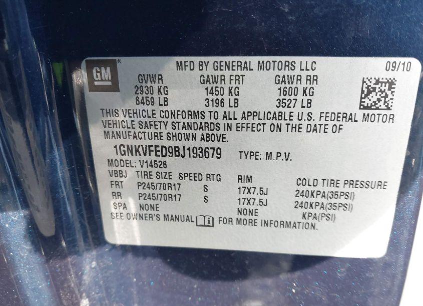 Photo 9 of 2011 Chevrolet Traverse LS (VIN 1GNKVFED9BJ193679)