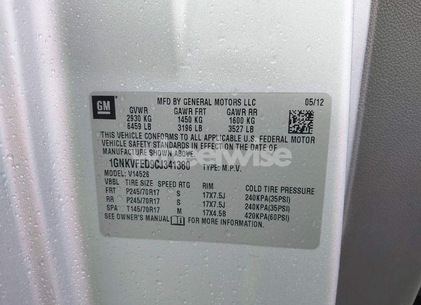 Photo 9 of 2012 Chevrolet Traverse LS (VIN 1GNKVFED9CJ341380)