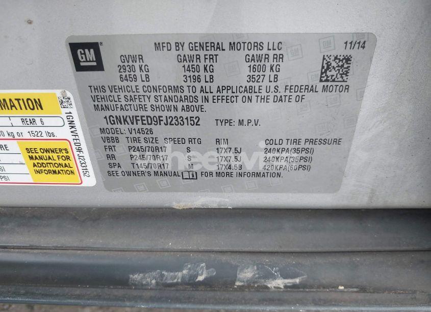 Photo 9 of 2015 Chevrolet Traverse LS (VIN 1GNKVFED9FJ233152)