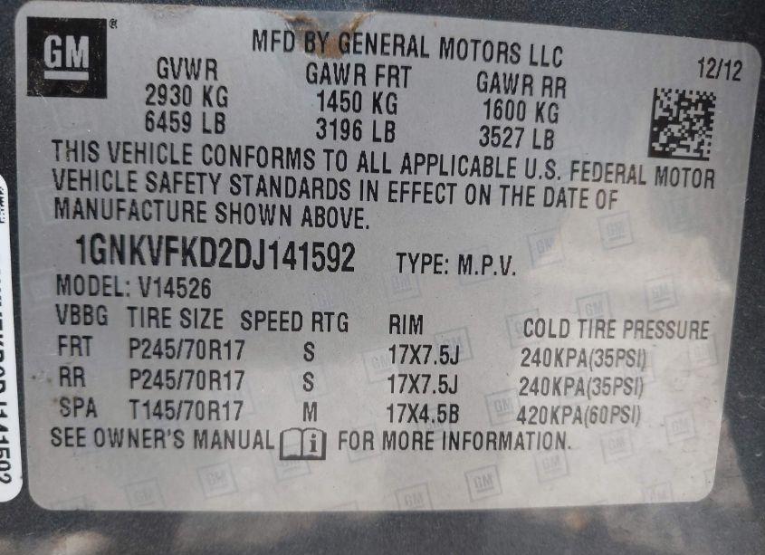 Photo 9 of 2013 Chevrolet Traverse LS (VIN 1GNKVFKD2DJ141592)