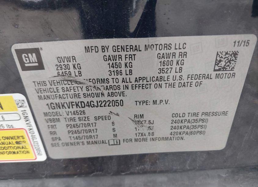 Photo 9 of 2016 Chevrolet Traverse LS (VIN 1GNKVFKD4GJ222050)