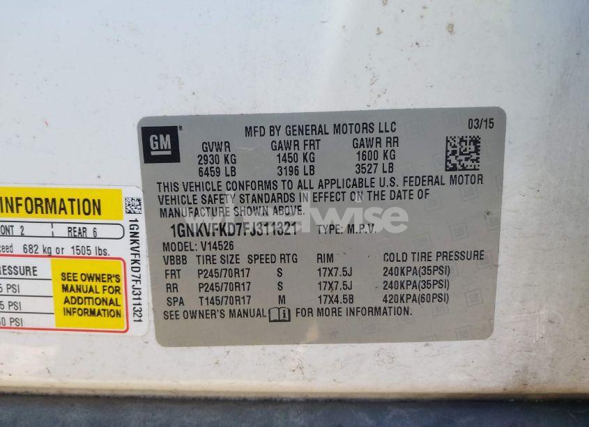 Photo 9 of 2015 Chevrolet Traverse LS (VIN 1GNKVFKD7FJ311321)