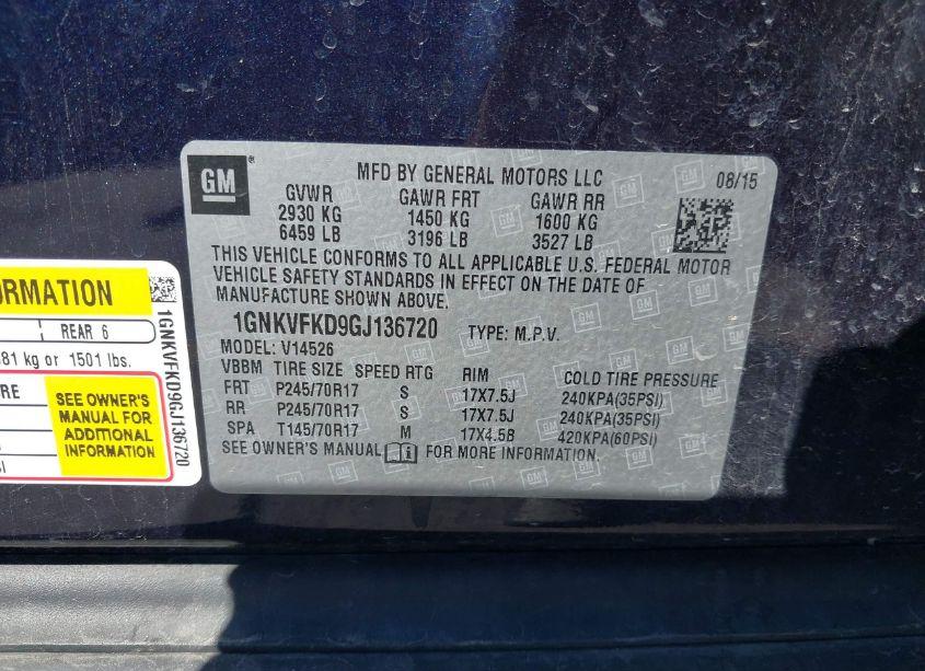 Photo 9 of 2016 Chevrolet Traverse LS (VIN 1GNKVFKD9GJ136720)