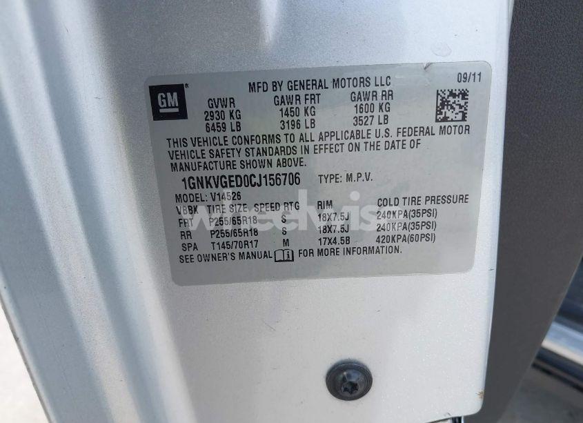 Photo 9 of 2012 Chevrolet Traverse 1LT (VIN 1GNKVGED0CJ156706)