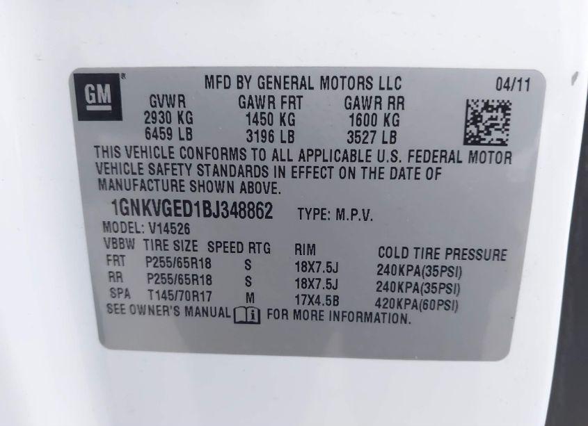 Photo 9 of 2011 Chevrolet Traverse 1LT (VIN 1GNKVGED1BJ348862)