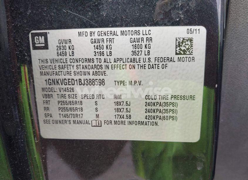 Photo 9 of 2011 Chevrolet Traverse 1LT (VIN 1GNKVGED1BJ388598)