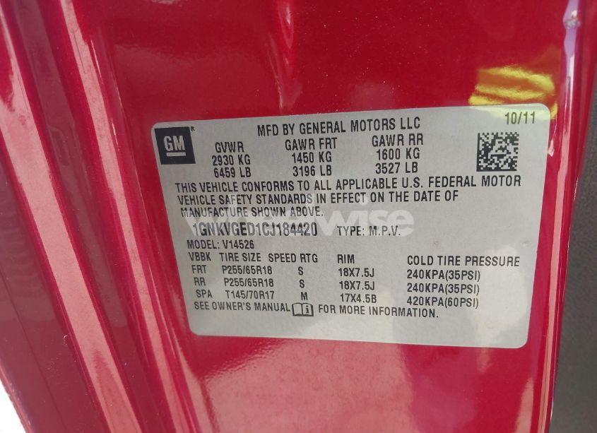 Photo 9 of 2012 Chevrolet Traverse 1LT (VIN 1GNKVGED1CJ184420)