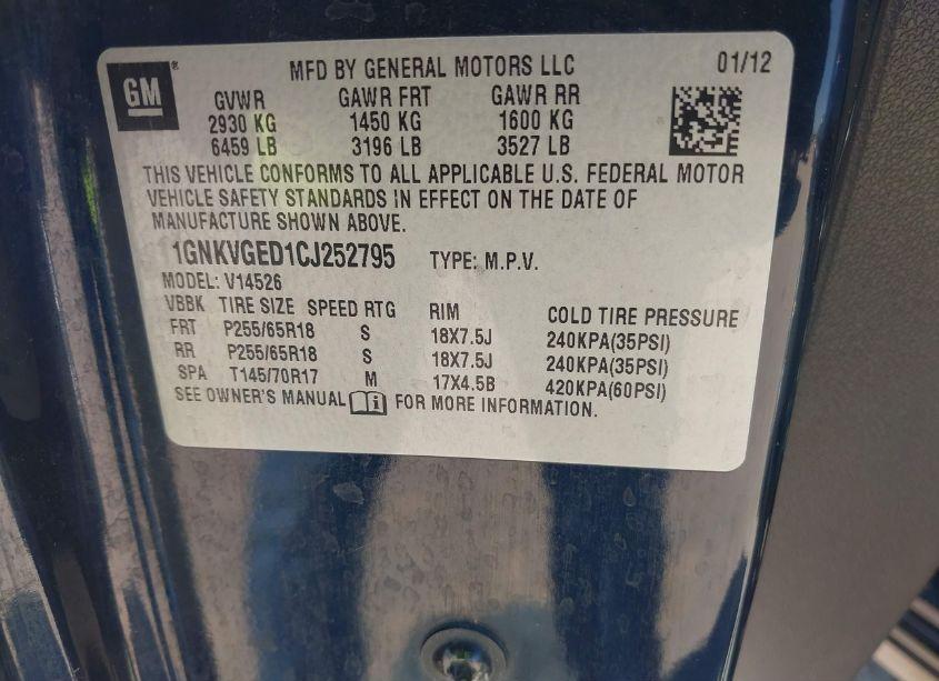 Photo 9 of 2012 Chevrolet Traverse 1LT (VIN 1GNKVGED1CJ252795)