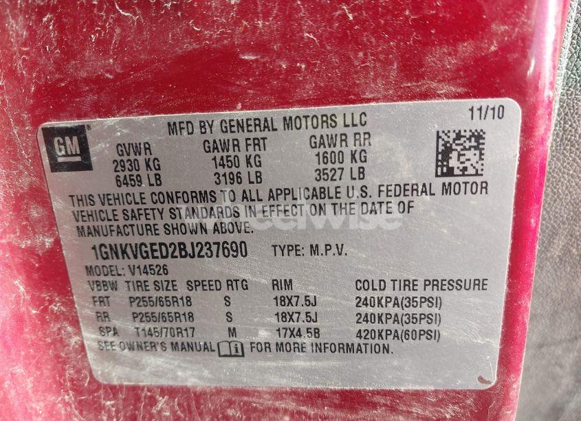 Photo 9 of 2011 Chevrolet Traverse 1LT (VIN 1GNKVGED2BJ237690)