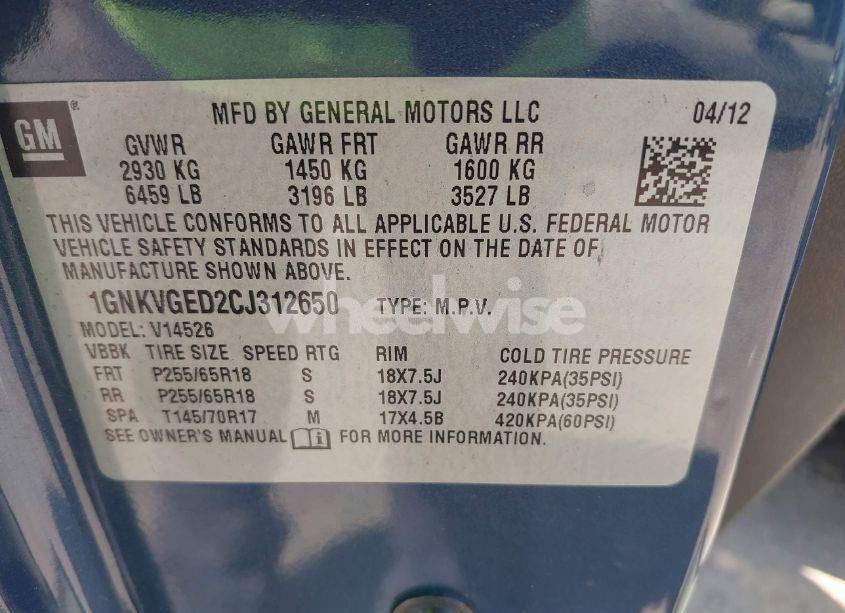 Photo 9 of 2012 Chevrolet Traverse 1LT (VIN 1GNKVGED2CJ312650)