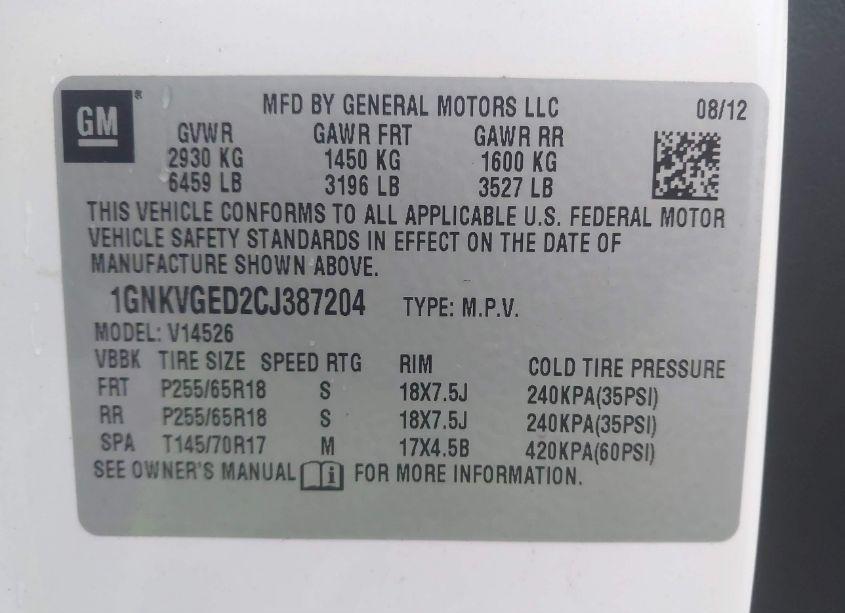 Photo 9 of 2012 Chevrolet Traverse 1LT (VIN 1GNKVGED2CJ387204)