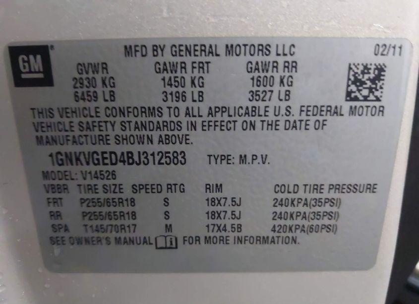 Photo 9 of 2011 Chevrolet Traverse 1LT (VIN 1GNKVGED4BJ312583)