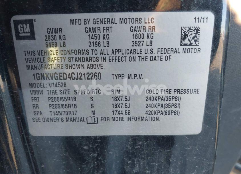 Photo 9 of 2012 Chevrolet Traverse 1LT (VIN 1GNKVGED4CJ212260)