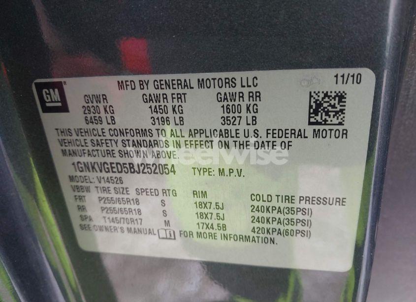 Photo 9 of 2011 Chevrolet Traverse 1LT (VIN 1GNKVGED5BJ252054)