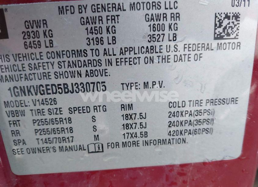 Photo 9 of 2011 Chevrolet Traverse 1LT (VIN 1GNKVGED5BJ330705)