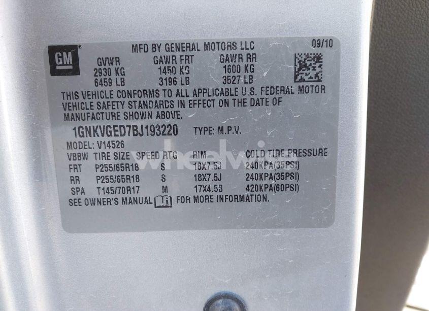 Photo 9 of 2011 Chevrolet Traverse 1LT (VIN 1GNKVGED7BJ193220)