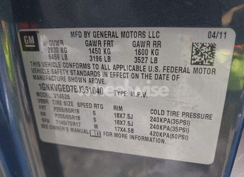 Photo 9 of 2011 Chevrolet Traverse 1LT (VIN 1GNKVGED7BJ351040)