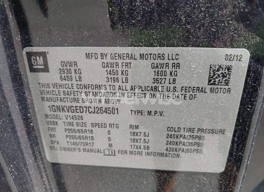 Photo 9 of 2012 Chevrolet Traverse 1LT (VIN 1GNKVGED7CJ264501)