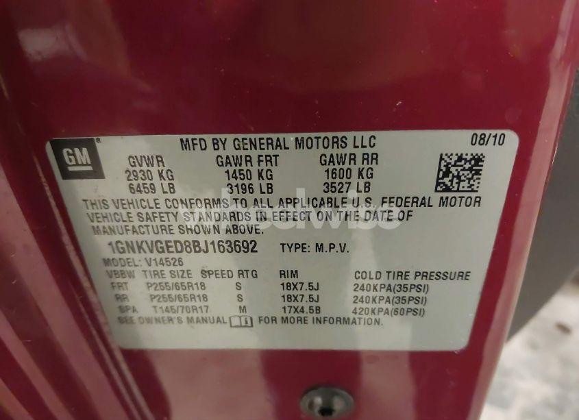 Photo 9 of 2011 Chevrolet Traverse 1LT (VIN 1GNKVGED8BJ163692)