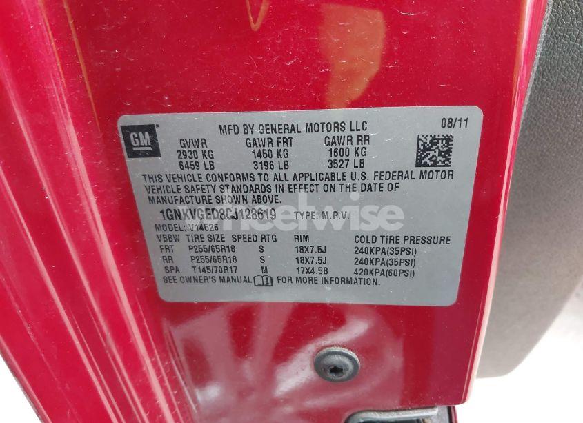 Photo 9 of 2012 Chevrolet Traverse 1LT (VIN 1GNKVGED8CJ128619)