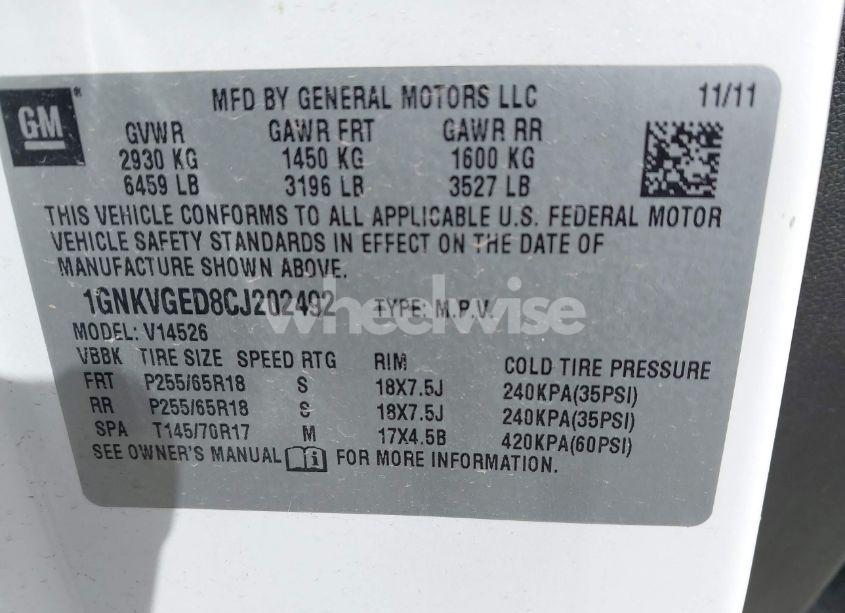 Photo 9 of 2012 Chevrolet Traverse 1LT (VIN 1GNKVGED8CJ202492)