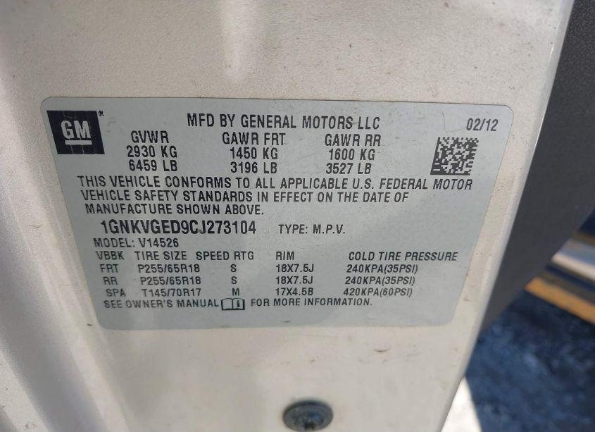 Photo 9 of 2012 Chevrolet Traverse 1LT (VIN 1GNKVGED9CJ273104)