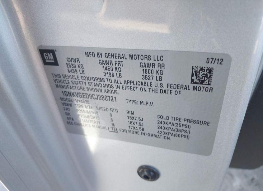 Photo 9 of 2012 Chevrolet Traverse 1LT (VIN 1GNKVGED9CJ380721)