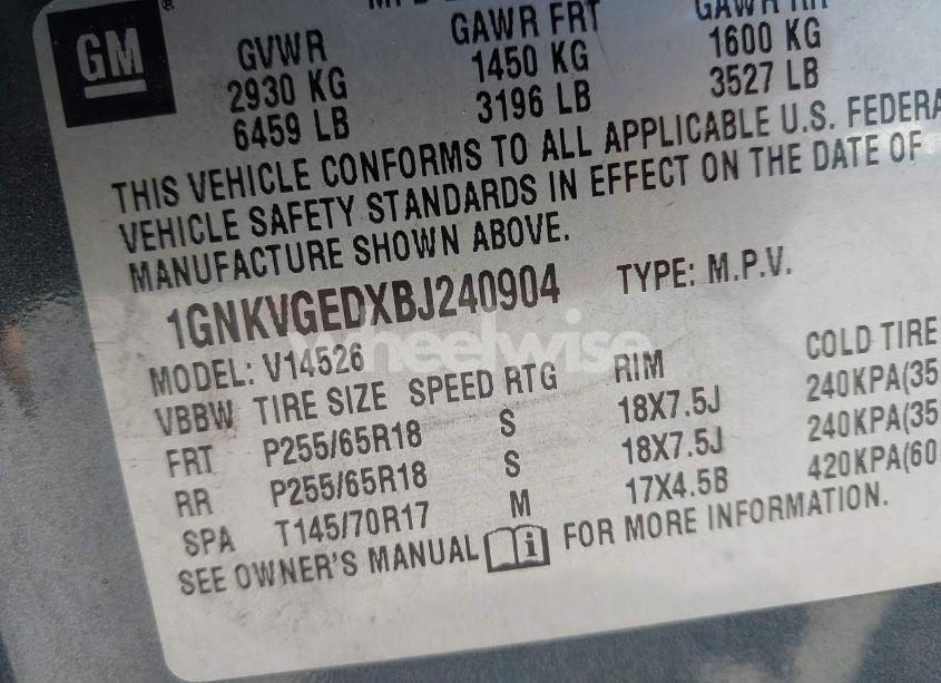 Photo 9 of 2011 Chevrolet Traverse 1LT (VIN 1GNKVGEDXBJ240904)