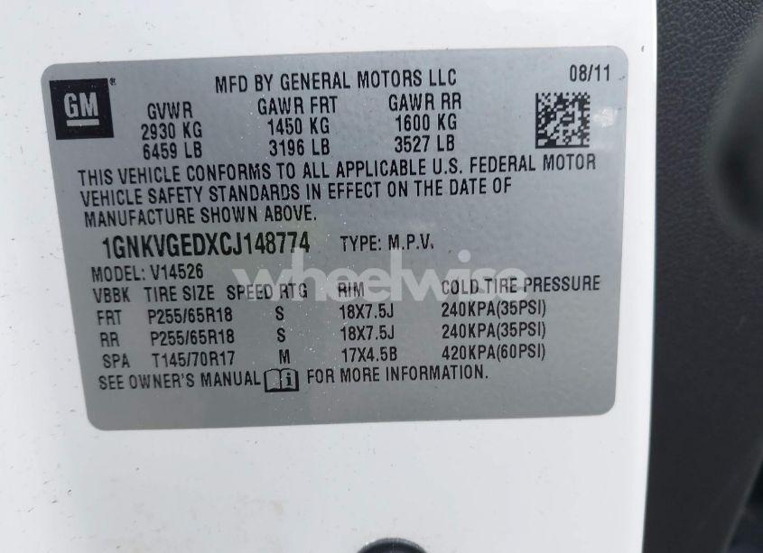 Photo 9 of 2012 Chevrolet Traverse 1LT (VIN 1GNKVGEDXCJ148774)