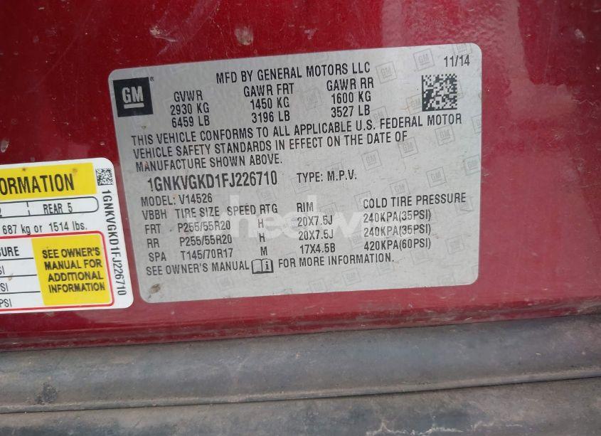 Photo 9 of 2015 Chevrolet Traverse 1LT (VIN 1GNKVGKD1FJ226710)