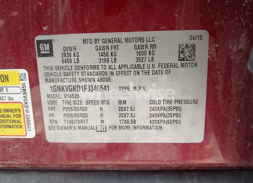 Photo 9 of 2015 Chevrolet Traverse 1LT (VIN 1GNKVGKD1FJ346541)