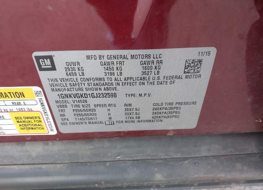 Photo 9 of 2016 Chevrolet Traverse 1LT (VIN 1GNKVGKD1GJ232590)