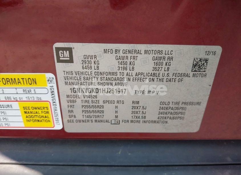 Photo 9 of 2017 Chevrolet Traverse 1LT (VIN 1GNKVGKD1HJ251917)