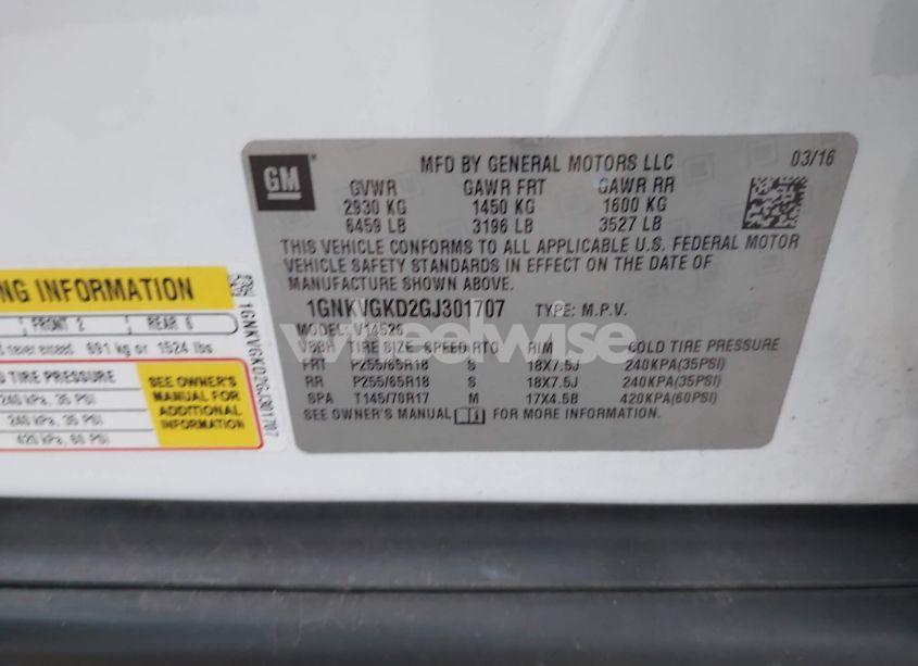 Photo 9 of 2016 Chevrolet Traverse 1LT (VIN 1GNKVGKD2GJ301707)