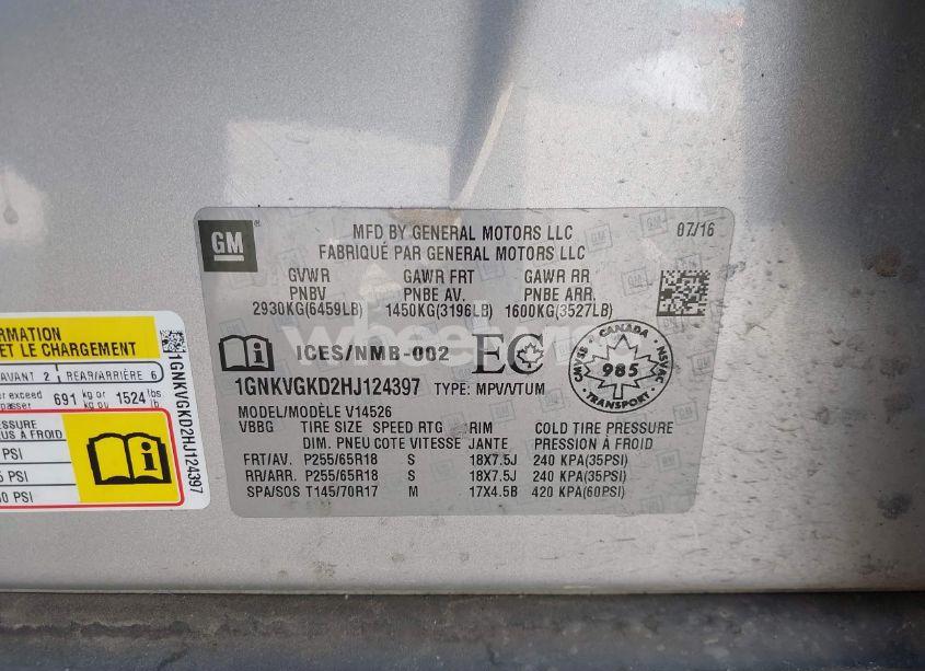 Photo 9 of 2017 Chevrolet Traverse 1LT (VIN 1GNKVGKD2HJ124397)