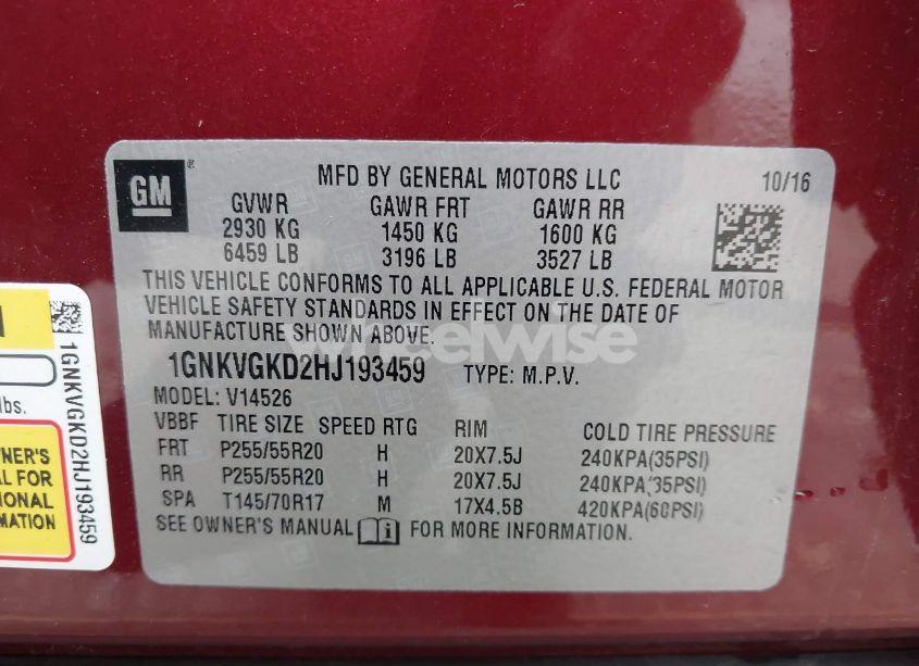 Photo 9 of 2017 Chevrolet Traverse 1LT (VIN 1GNKVGKD2HJ193459)