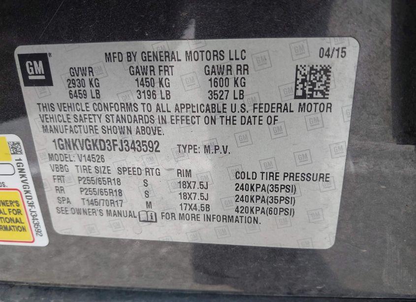 Photo 9 of 2015 Chevrolet Traverse 1LT (VIN 1GNKVGKD3FJ343592)