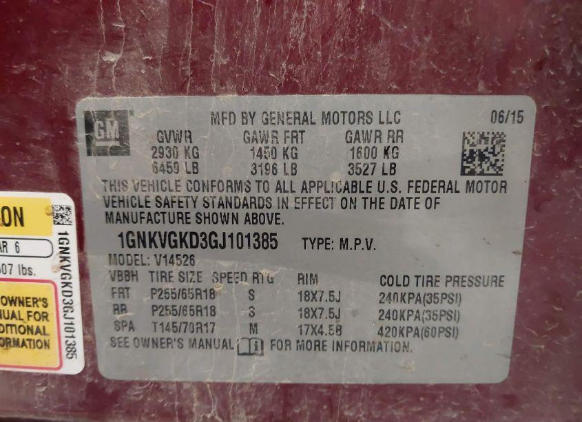 Photo 9 of 2016 Chevrolet Traverse 1LT (VIN 1GNKVGKD3GJ101385)