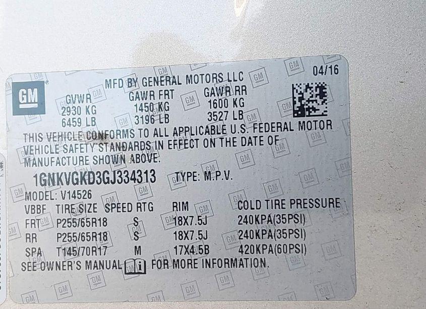 Photo 9 of 2016 Chevrolet Traverse 1LT (VIN 1GNKVGKD3GJ334313)